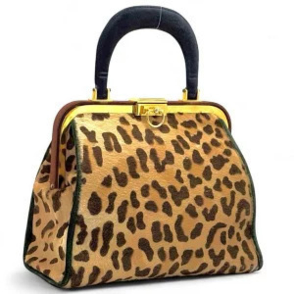 Christian Dior Top Handle Handbag Leopard Calfskin